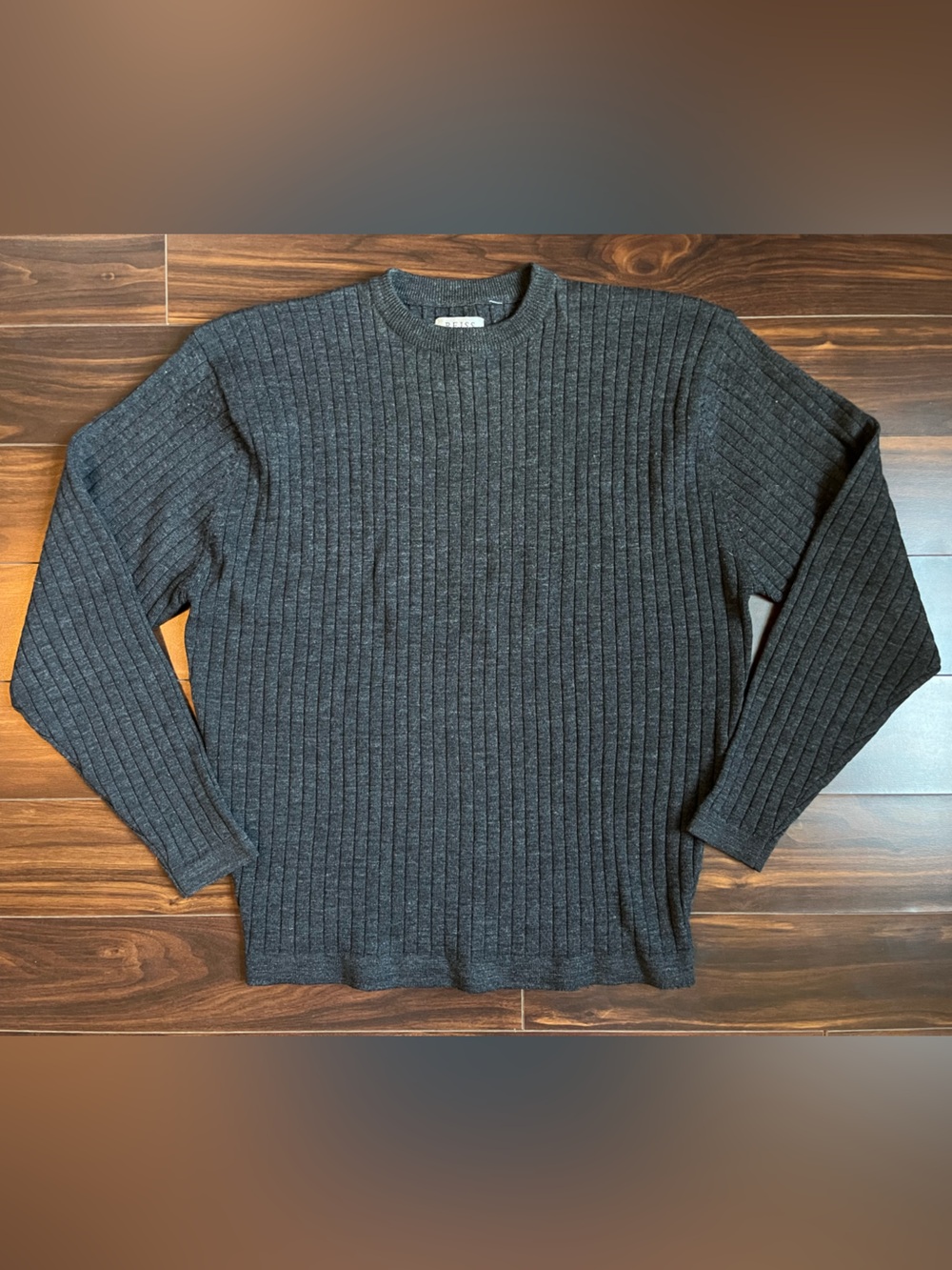Reiss London Men’s Crewneck Charcoal Ribbed Merino Wool Knit Sweater, L, EUC
